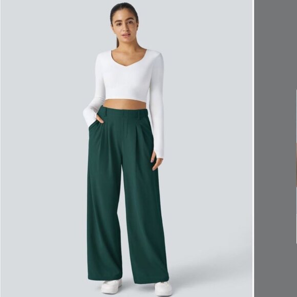 Halara Flex High Waisted Pocket Wide Leg Pant Waffle Office Green Medium Petite - Picture 4 of 13